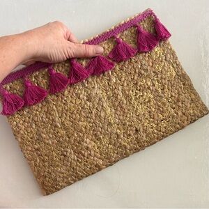ANTHRO ✨ designer straw metallic woven braided Pom Pom clutch purse